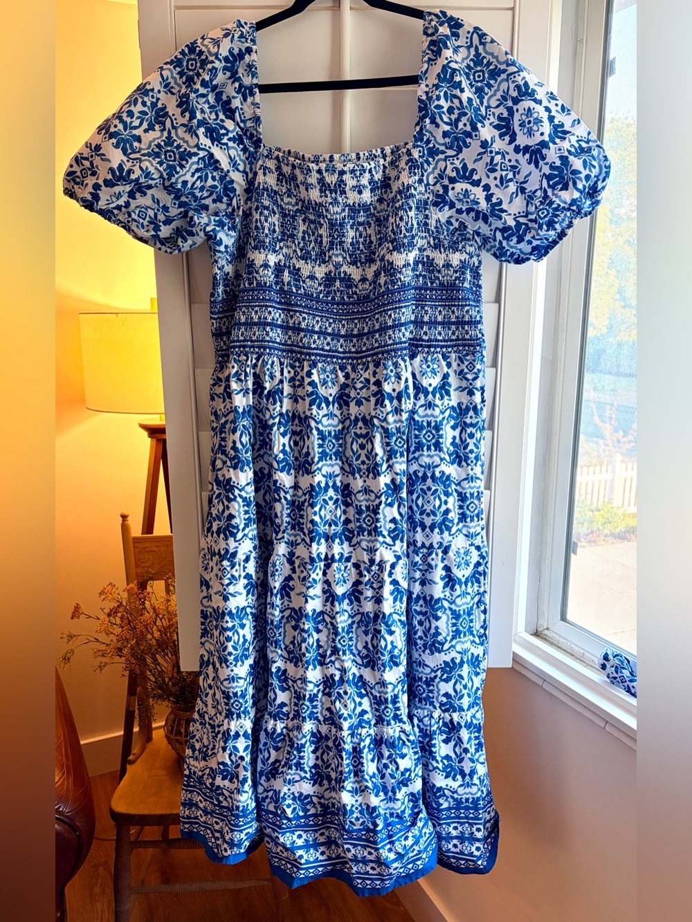 Kaktus Blue and White smocked Maxi Dress with Waist Tie